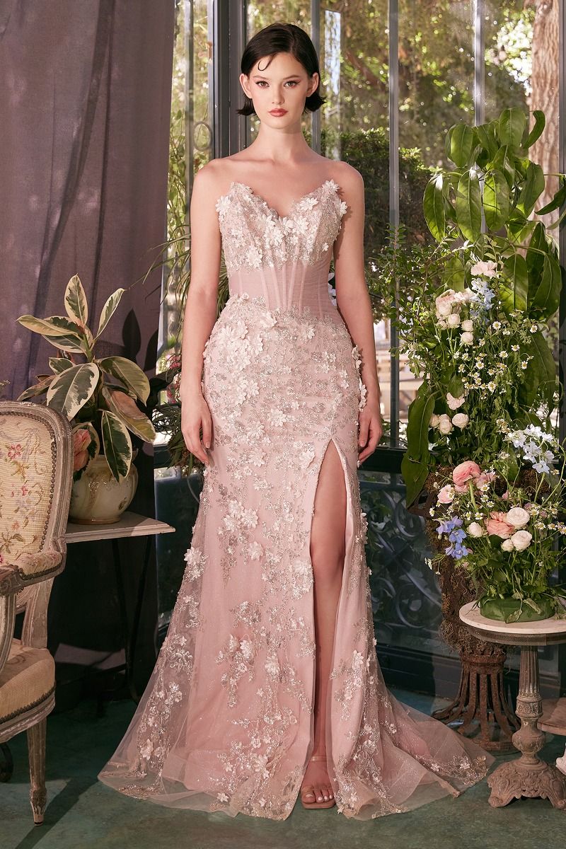 3D Floral Strapless Corset Gown with High Slit & Embellished Tulle Skirt