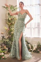 3D Floral Strapless Corset Gown with High Slit & Embellished Tulle Skirt