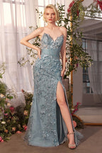 3D Floral Strapless Corset Gown with High Slit & Embellished Tulle Skirt