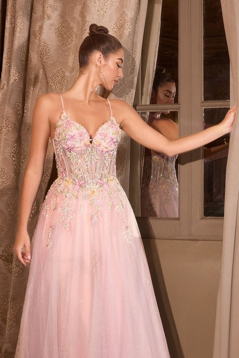 Floral Appliqué V-Neck Glitter Tulle Ball Gown