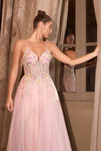 Floral Appliqué V-Neck Glitter Tulle Ball Gown