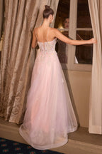 Floral Appliqué V-Neck Glitter Tulle Ball Gown