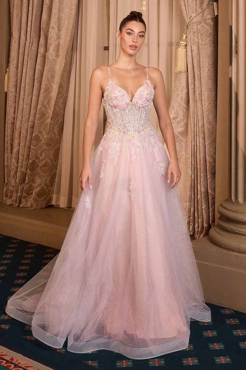 Floral Appliqué V-Neck Glitter Tulle Ball Gown