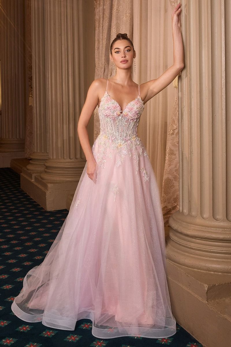 Floral Appliqué V-Neck Glitter Tulle Ball Gown
