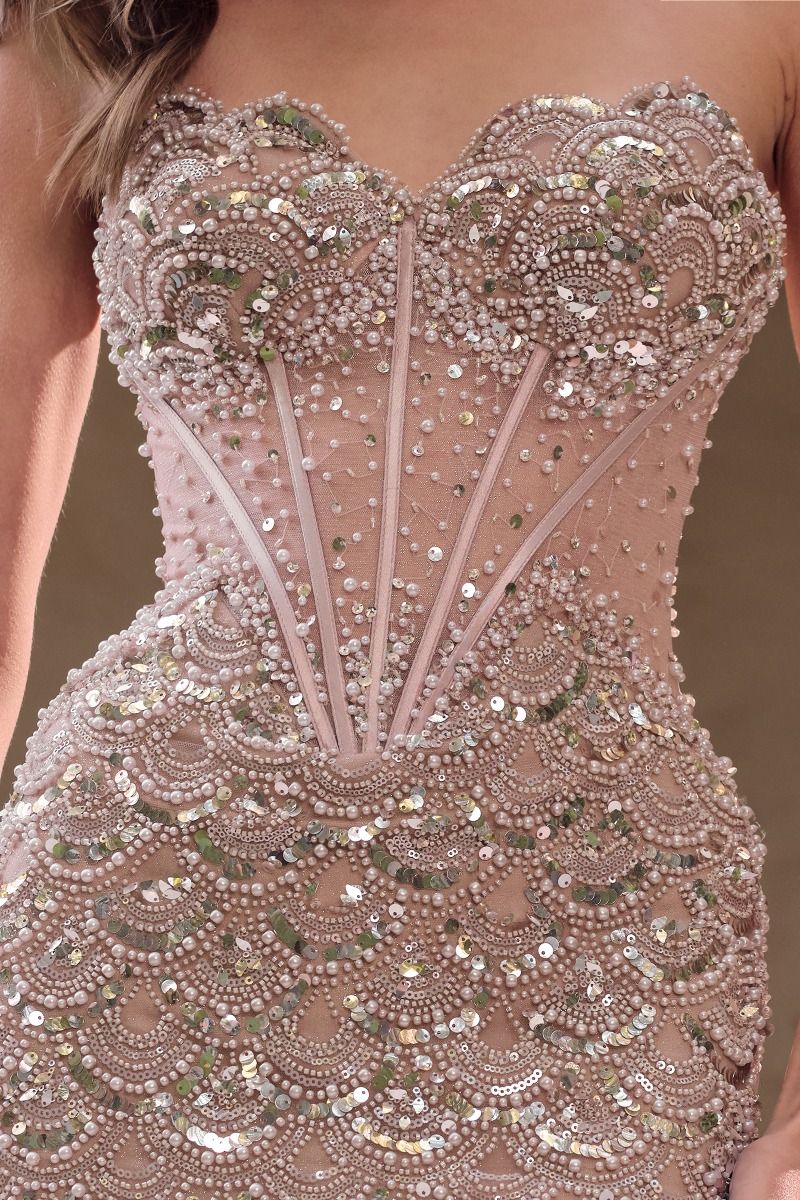 Art Deco Pearl Beaded Illusion Corset Evening Gown