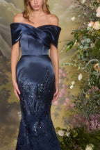 Off-Shoulder Satin Mermaid Gown with Sequin Rosette Skirt