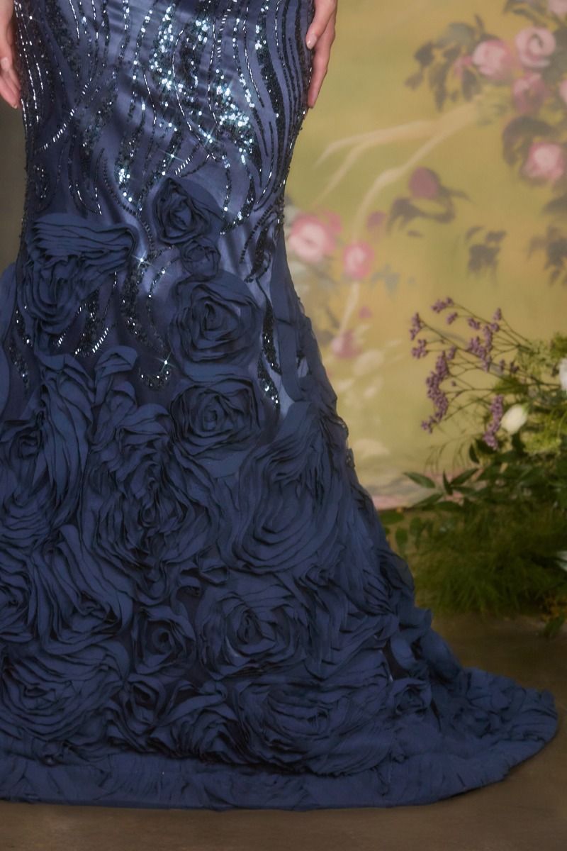 Off-Shoulder Satin Mermaid Gown with Sequin Rosette Skirt