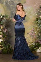 Off-Shoulder Satin Mermaid Gown with Sequin Rosette Skirt