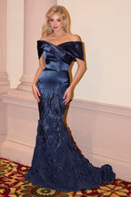 Off-Shoulder Satin Mermaid Gown with Sequin Rosette Skirt