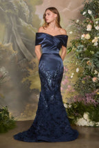 Off-Shoulder Satin Mermaid Gown with Sequin Rosette Skirt