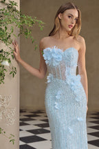 Feather Appliqué Beaded Tea-Length Cocktail Dress