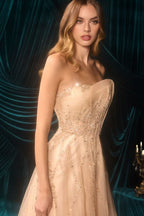 Strapless Layered A-Line Gown w/ Asymmetrical Neckline & Beaded Overlay