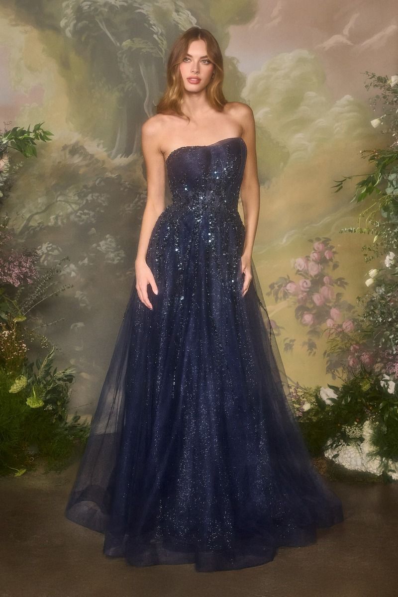 Strapless Layered A-Line Gown w/ Asymmetrical Neckline & Beaded Overlay