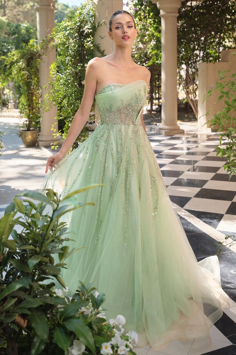 Strapless Ombre Beaded Evening Dress