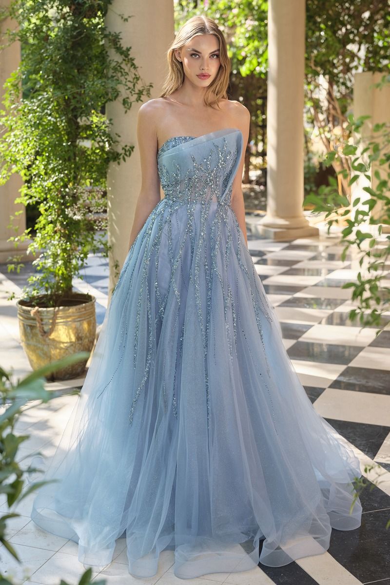 Strapless Layered A-Line Gown w/ Asymmetrical Neckline & Beaded Overlay