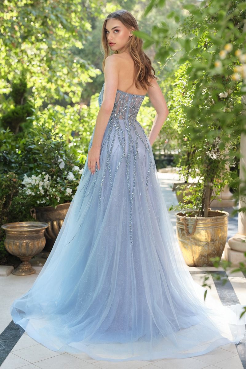Strapless Layered A-Line Gown w/ Asymmetrical Neckline & Beaded Overlay