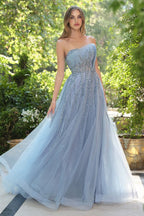 Strapless Layered A-Line Gown w/ Asymmetrical Neckline & Beaded Overlay