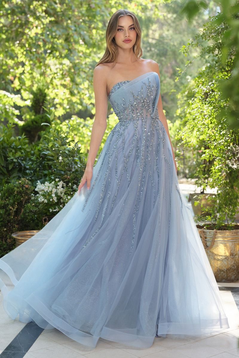 Strapless Layered A-Line Gown w/ Asymmetrical Neckline & Beaded Overlay