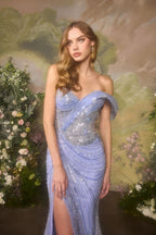 Off-Shoulder Beaded Tulle Gown with High Slit and Train