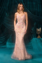 Plunging Floral Appliqué Fit-and-Flare Gown with Beaded Detail