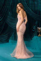 Plunging Floral Appliqué Fit-and-Flare Gown with Beaded Detail