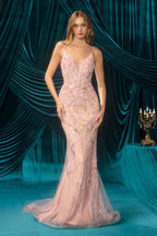 Plunging Floral Appliqué Fit-and-Flare Gown with Beaded Detail