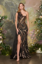 One-Shoulder Sequin Gown with Side Sash and High Slit