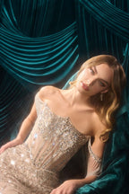 Crystal Fringe Cold-Shoulder Beaded Fitted Evening Gown