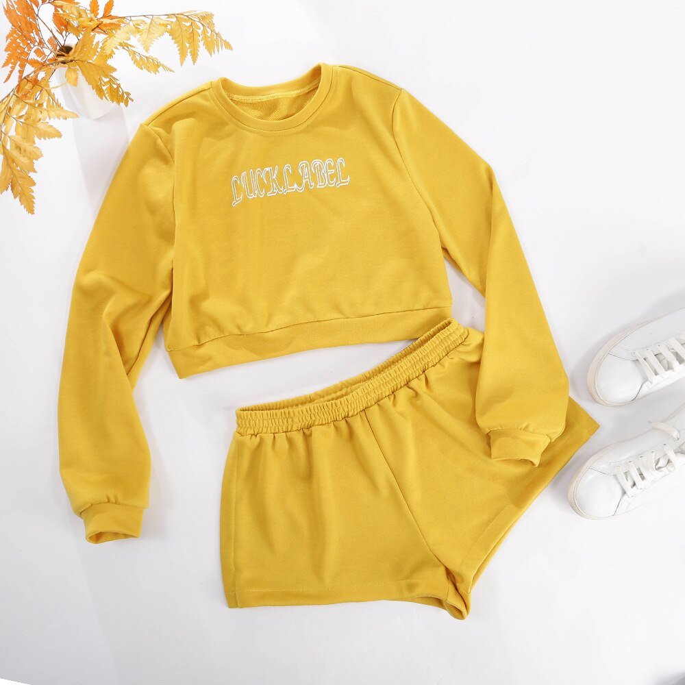 Autumn Letter Print Two Piece Tracksuit Set Casual Gym Sportswear Running Work Out Outfits Long Sleeve Crop Top Shorts Suit-4