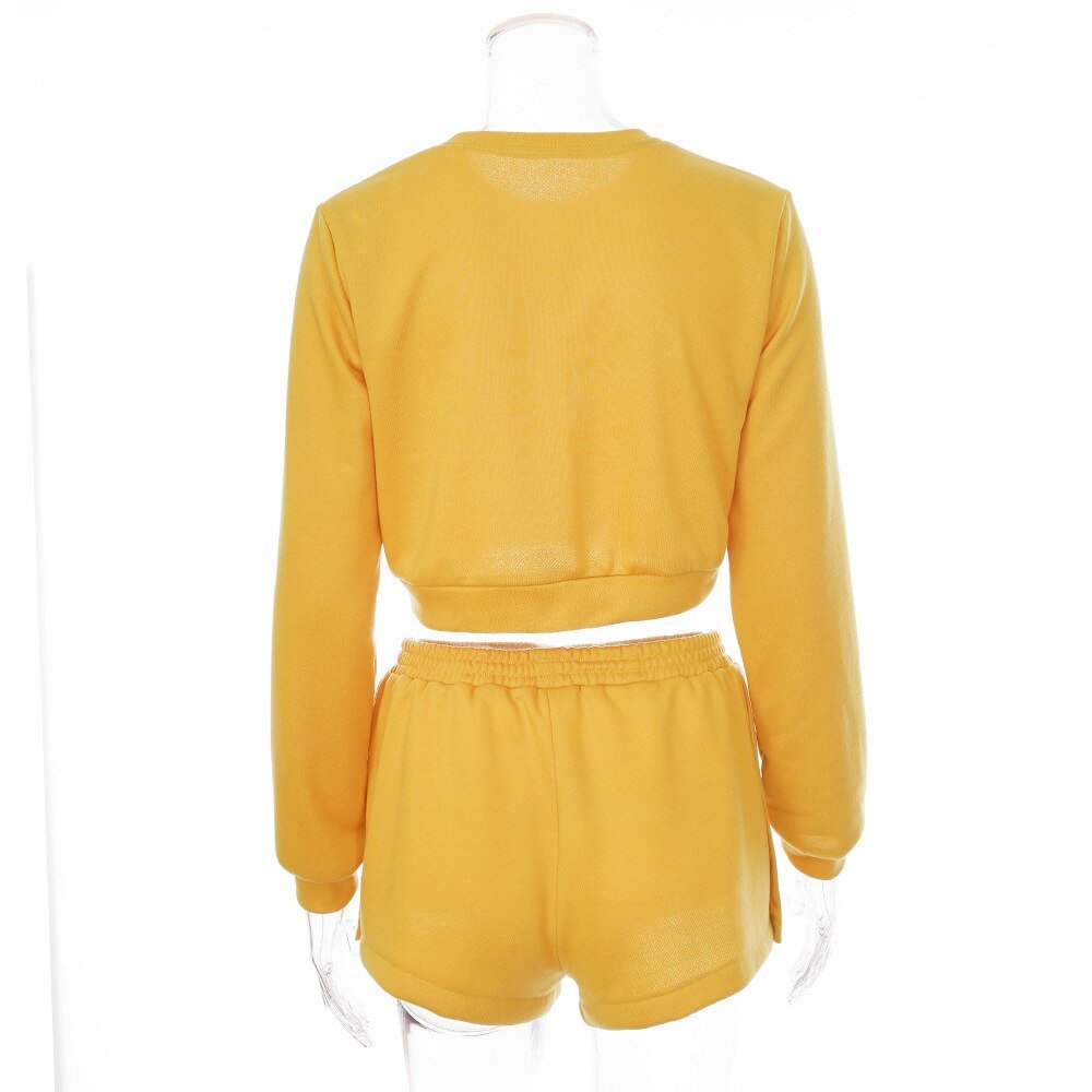 Autumn Letter Print Two Piece Tracksuit Set Casual Gym Sportswear Running Work Out Outfits Long Sleeve Crop Top Shorts Suit-3