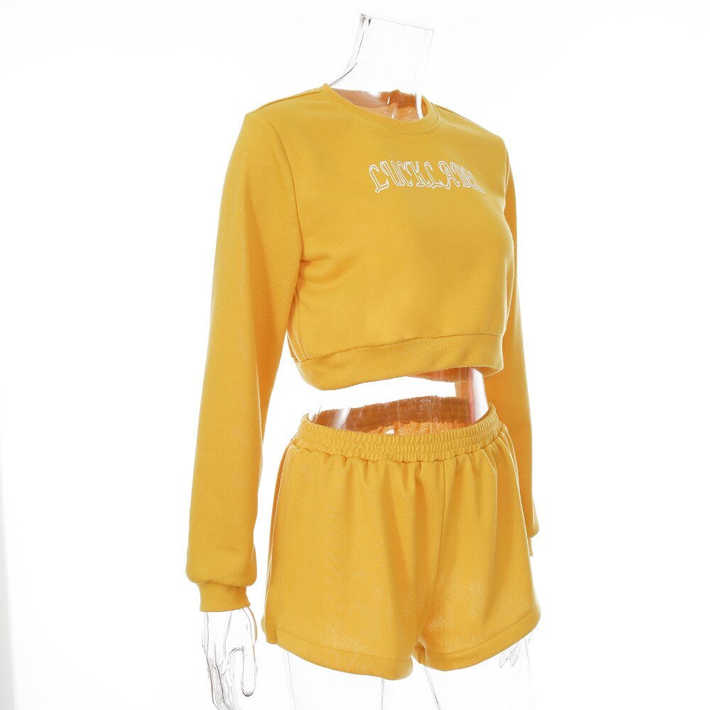 Autumn Letter Print Two Piece Tracksuit Set Casual Gym Sportswear Running Work Out Outfits Long Sleeve Crop Top Shorts Suit-2