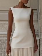 BIAŁA SUKIENKA MAXI PLISOWANA ECRU DEKOLT ŁÓDKA BEZ RĘKAWÓW US 2–14