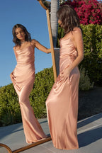 Fitted Satin Slip Prom & Bridesmaid Cowl Neck Laced Open Back Dress
