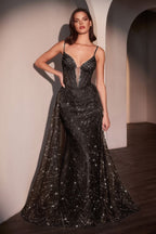 Glitter Printed Fitted Dress With Overskirt