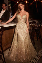 Glitter Printed Fitted Dress With Overskirt