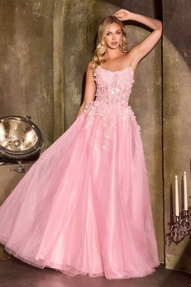 Floral Appliqué Scoop Neck Ball Gown with Shimmer Tulle Skirt