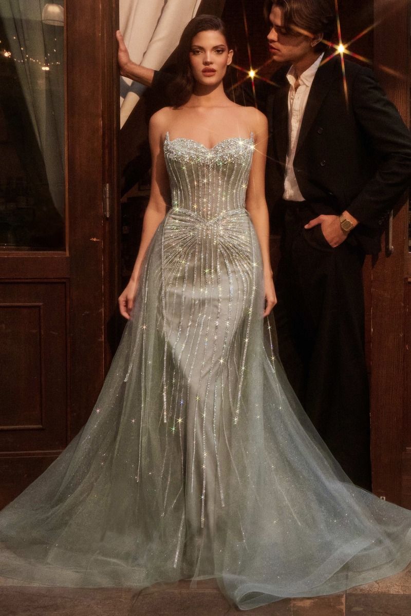 Strapless Crystal Embellished Gown With Overskirt