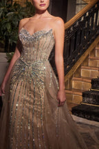 Celestial Grand Beaded Stripe Tulle Overskirt Gown for Fashion Forward Occasion