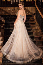 Celestial Grand Beaded Stripe Tulle Overskirt Gown for Fashion Forward Occasion