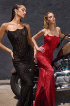 Fitted Satin Gown with Beaded Corset Bodice