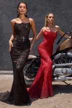 Fitted Satin Gown with Beaded Corset Bodice