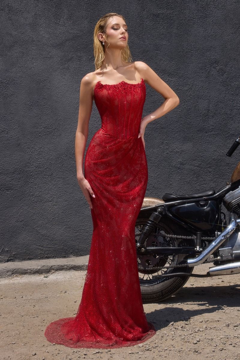 Fitted Satin Gown with Beaded Corset Bodice