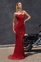 Fitted Satin Gown with Beaded Corset Bodice