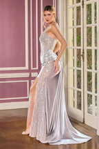 Fitted Dress Asymmetrical Neckline Illusion Beaded Bodice Ruched Satin Skirt Slit Sweep Train
