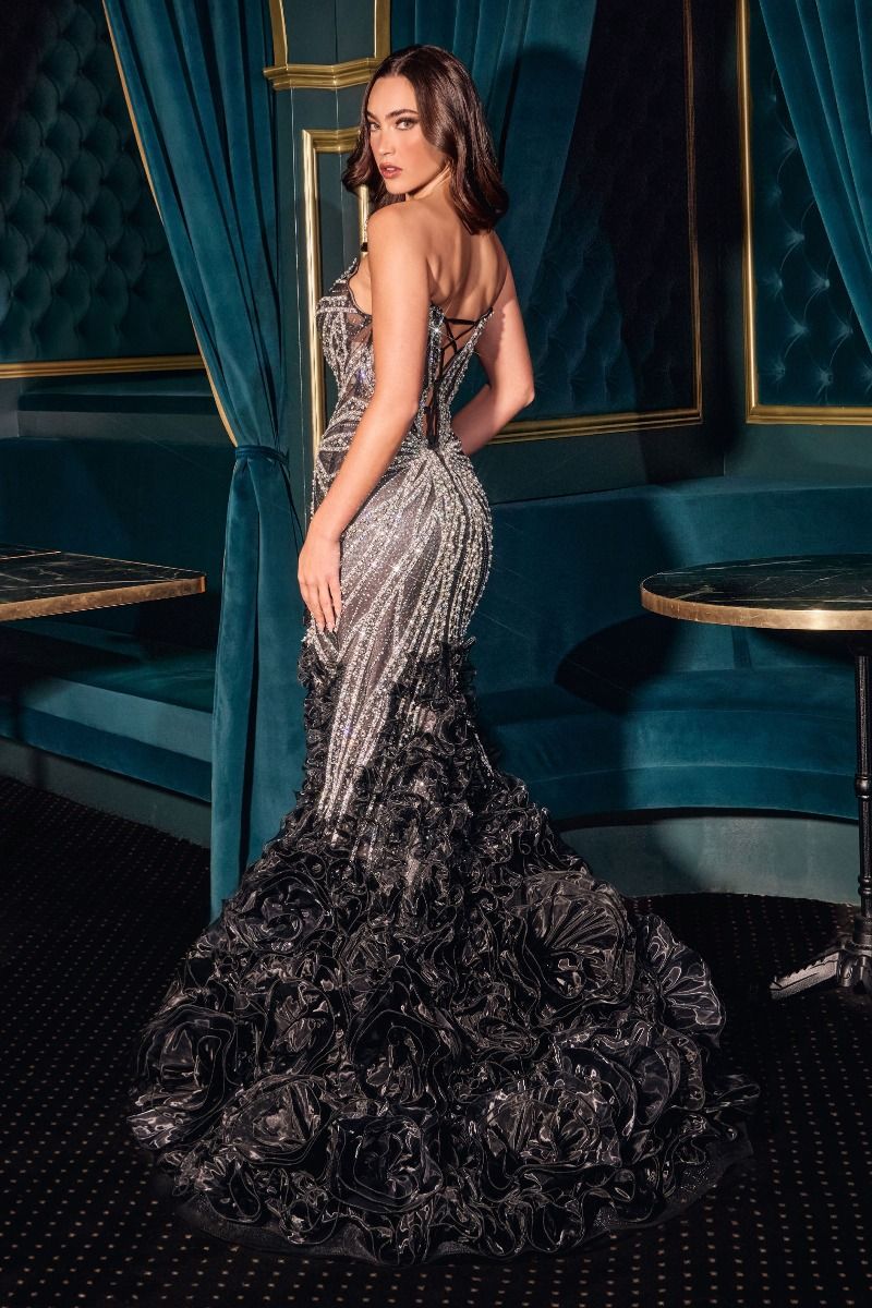 Mermaid Fitted Dress Plunging Neckline Structured Bodice Organza Rosette Skirt Lace-Up Back