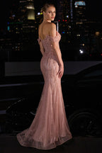 Off-Shoulder Beaded Fit and Flare Evening Gown