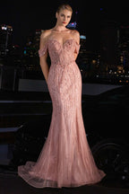 Off-Shoulder Beaded Fit and Flare Evening Gown