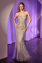 Strapless Sheath Beaded Gown w/ Cowl Neckline & Functional Lace Up Back