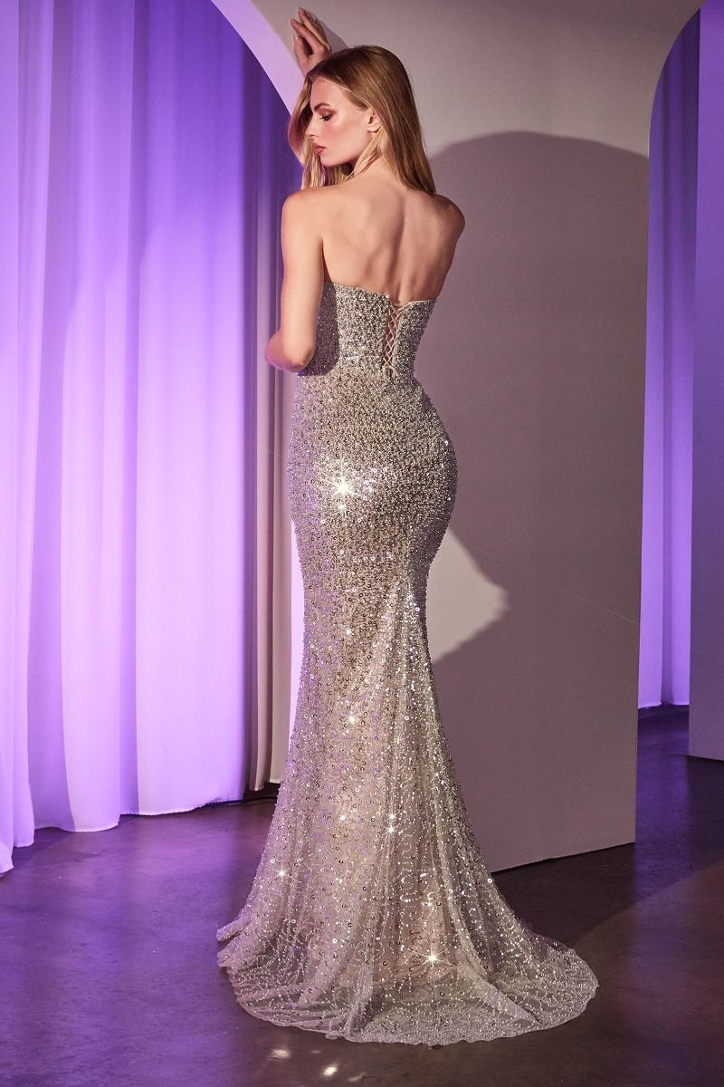 Strapless Sheath Beaded Gown w/ Cowl Neckline & Functional Lace Up Back