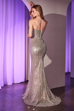 Strapless Sheath Beaded Gown w/ Cowl Neckline & Functional Lace Up Back